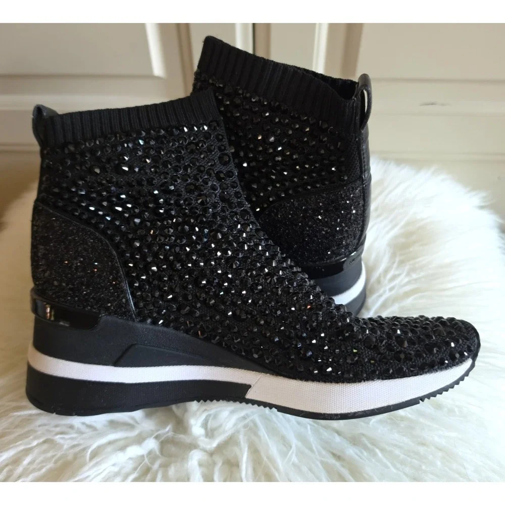 Michael Kors Black Skyler Stretch-Knit‎ Bootie Sock Crystal Embellishments -8.5M